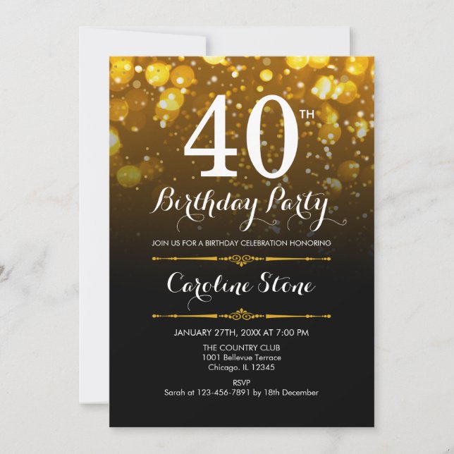 40th Birthday - Black White Gold Invitation (Front)