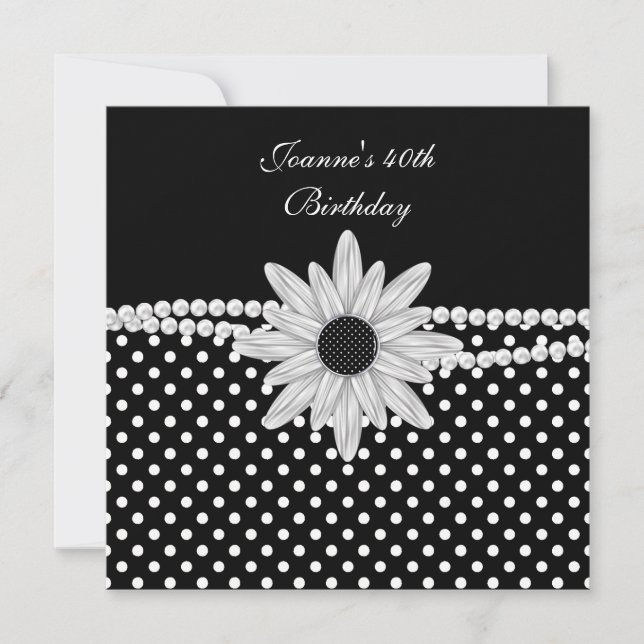 40th Birthday Black White Pearl Flower Spot Invitation (Front)