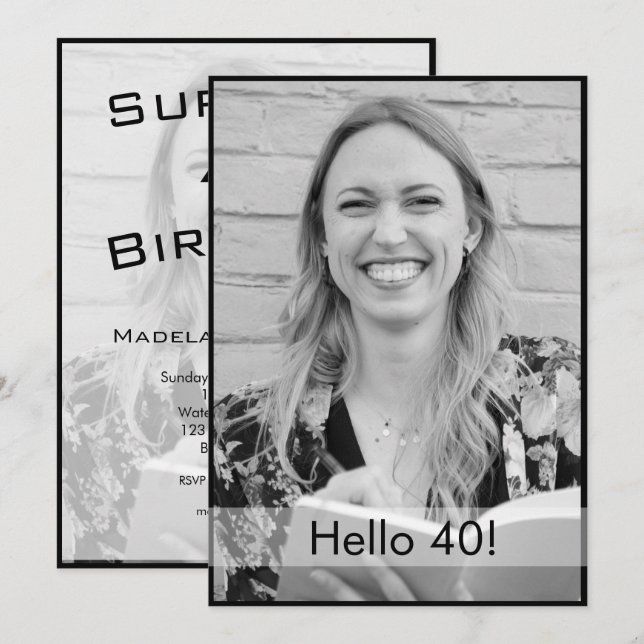 40th Birthday Black White Photo Modern Elegant Invitation (Front/Back)