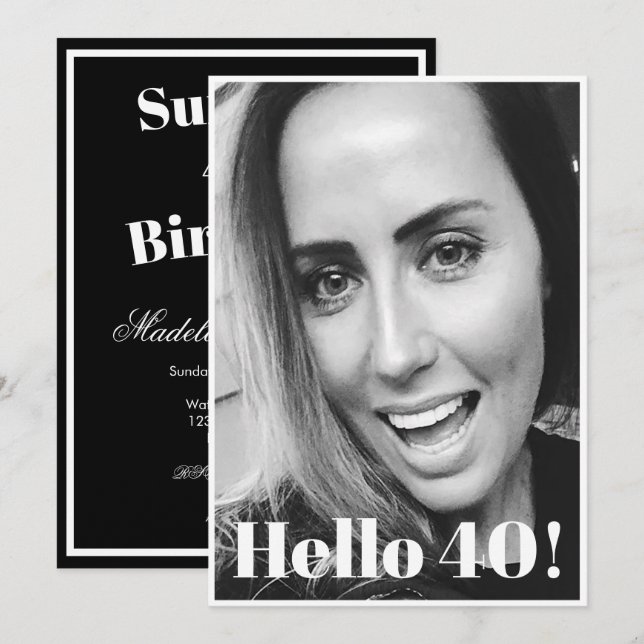 40th Birthday Black White Photo Modern Elegant Invitation (Front/Back)