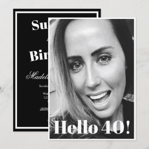40th Birthday Black White Photo Modern Elegant Invitation