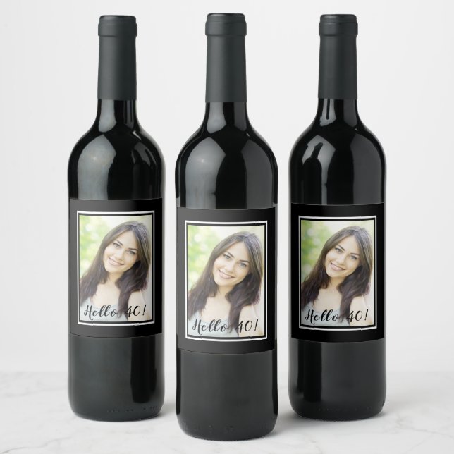 40th birthday black white photo wine label (Bottles)