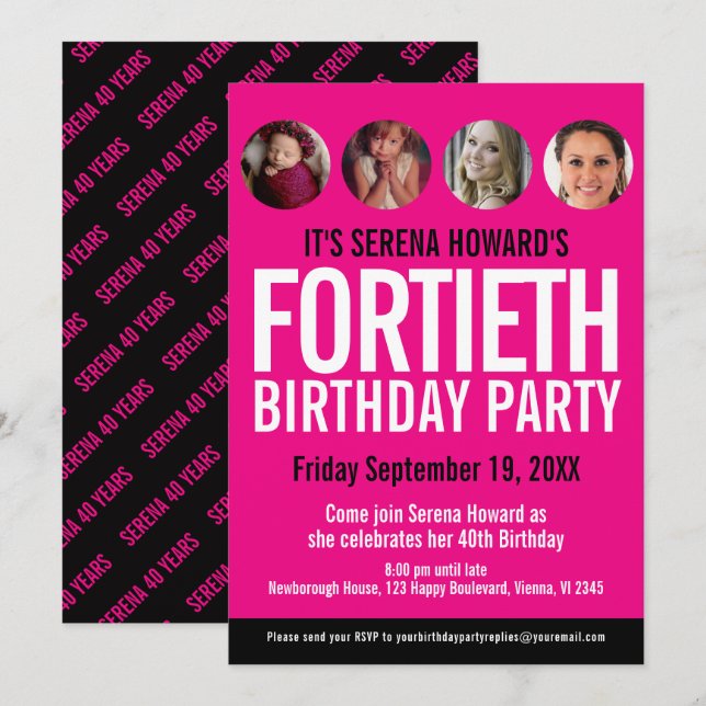 40th Birthday black white pink photo circles Invitation (Front/Back)