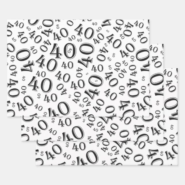 40th Birthday Black/White Random Number Pattern 40 Wrapping Paper Sheet (Set)
