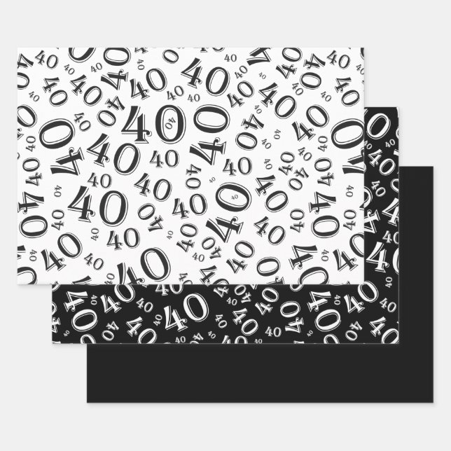 40th Birthday Black/White Random Number Pattern 40 Wrapping Paper Sheet (Set)