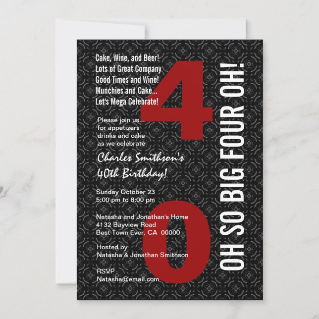40th Birthday Black White Red BIG FOUR OH! Invitation (Front)