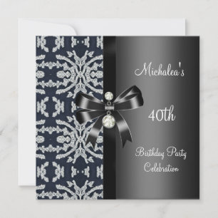 40th Birthday Black White Silver Floral Jewel Bow Invitation