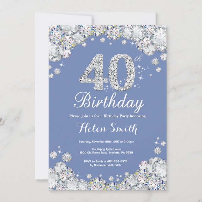 40th Birthday Blue and Silver Diamond Invitation (Front)