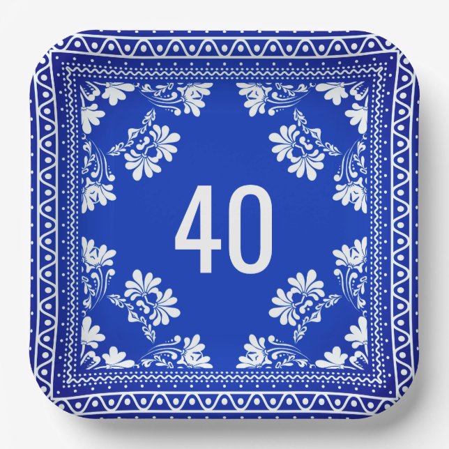 40th Birthday Blue Bandanna   Paper Plate (Front)