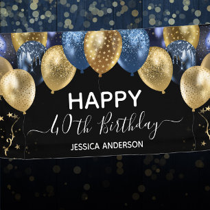 40th Birthday Blue Gold Balloons Banner