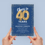 40th Birthday Blue Gold Invitation<br><div class="desc">Elegant fortieth birthday party invitation featuring a trendy blue background that can be changed to any colour,  gold sparkly glitter,  forty gold hellium balloons,  and a modern 40th birthday celebration text template that is easy to personalise.</div>