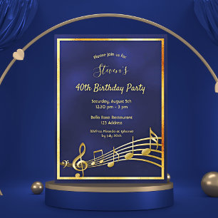 40th birthday blue gold music notes invitation postcard
