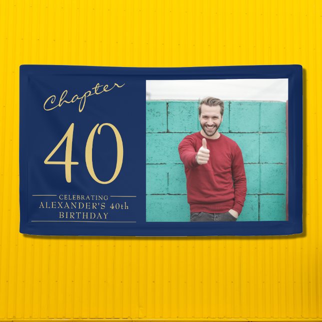 40th Birthday Blue Gold Photo Banner (Create a unique 40th birthday banner for that special person. Easily personalized template.)