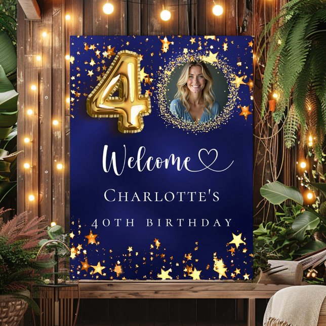 40th Birthday blue gold stars photo welcome Poster (Creator Uploaded)