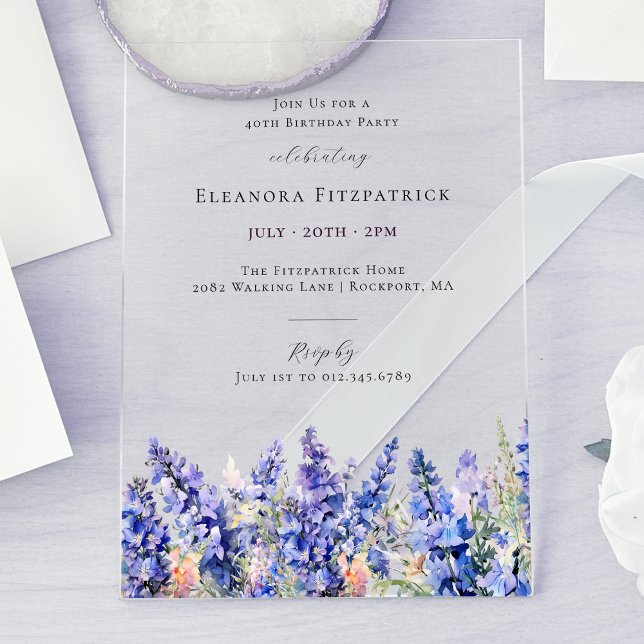 40th Birthday Blue Larkspur July Birth Flower Acrylic Invitations (Creator Uploaded)