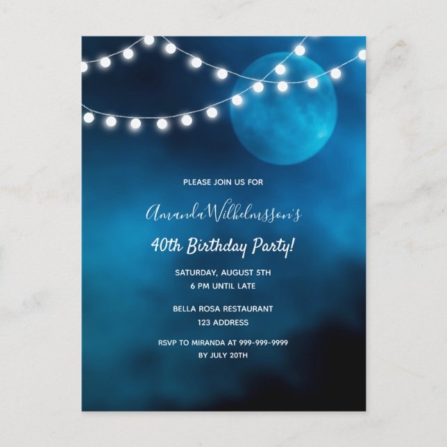 40th birthday blue moon light strings invitation postcard (Front)