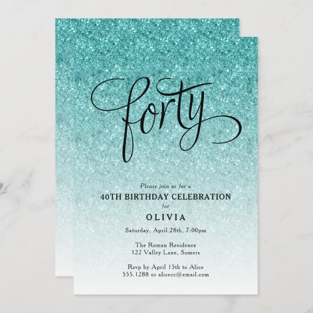 40th Birthday Blue Ombre Glitter Invitation (Front/Back)