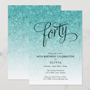 40th Birthday Blue Ombre Glitter Invitation