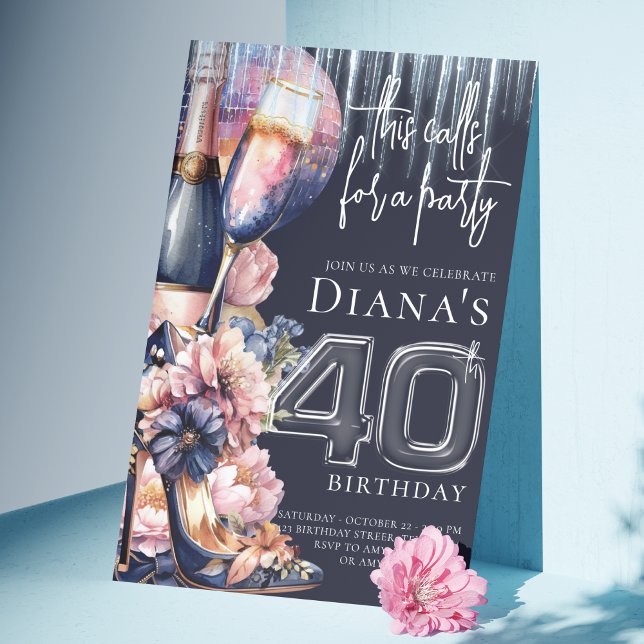 40th Birthday Blue Pink Heel Champagne  Invitation (Creator Uploaded)