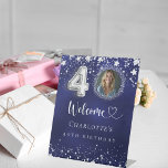 40th Birthday blue silver stars photo welcome Pedestal Sign<br><div class="desc">A welcome sign for a 40th birthday party.  A navy blue background with elegant faux silver stars. The blue colour is uneven.  Personalise and add a photo,  name and text.  White letters.</div>