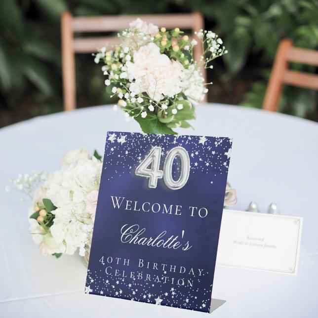 40th Birthday blue silver stars welcome party Pedestal Sign (Creator Uploaded)