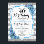 40th Birthday - Blue Silver White Stripes Invitation<br><div class="desc">40th Birthday Invitation.
Elegant design in faux glitter silver,  white and turquoise aqua blue. Features stylish script fort,  stripes and blue roses. Perfect for an elegant birthday party. Can be customized into any age.</div>