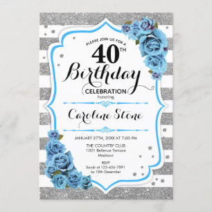 40th Birthday - Blue Silver White Stripes Invitation