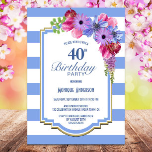40th Birthday Blue Striped Lavender Floral Party Invitation