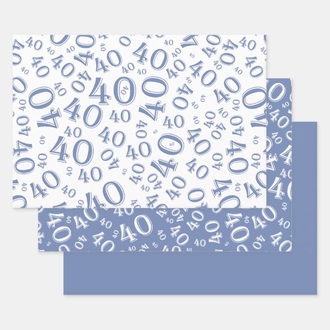 40th Birthday Blue & White Number Pattern 40 Wrapping Paper Sheet (Set)
