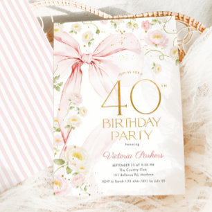 40th Birthday Blush Pink Bow Floral Invitation