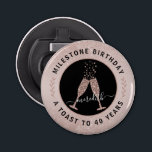 40th Birthday Blush Pink Glitter Champagne Toast Bottle Opener<br><div class="desc">On a delicate blush pink background, our feminine 40th Birthday bottle opener features blush glitter ombre overlays on top and bottom for added birthday bling. Inside a black and rose gold circle logo, bubbling champagne glasses touch in a toast to the birthday honoree. Text circled around the logo reads "Milestone...</div>