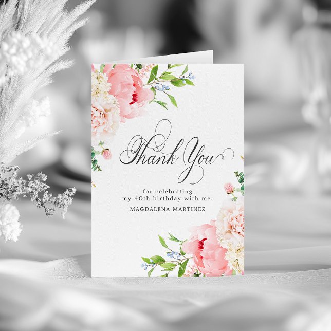 40th Birthday Blush Pink Peony Floral Folded Thank You Card (Creator Uploaded)