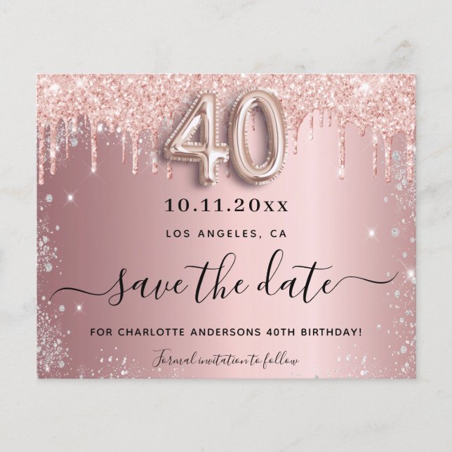 40th birthday blush silver budget save the date flyer (Front)