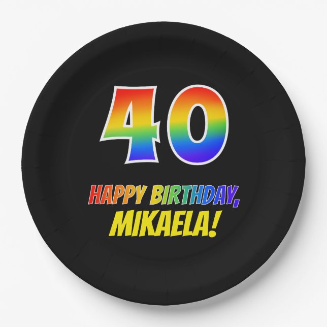 40th Birthday: Bold, Fun, Simple, Rainbow 40 Paper Plate (Front)