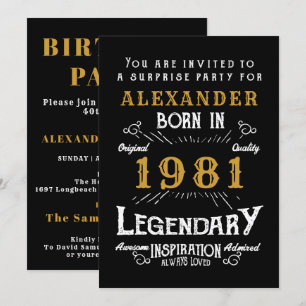 40th Birthday Born 1981 Black Gold Retro Vintage Invitation