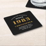 40th Birthday Born 1983 Add Name Black Gold Square Paper Coaster<br><div class="desc">Personalized Birthday add your name and year coaster. Edit the name and year with the template provided. A wonderful custom birthday party accessory. More gifts and party supplies available with the "setting standards" design in the store.</div>