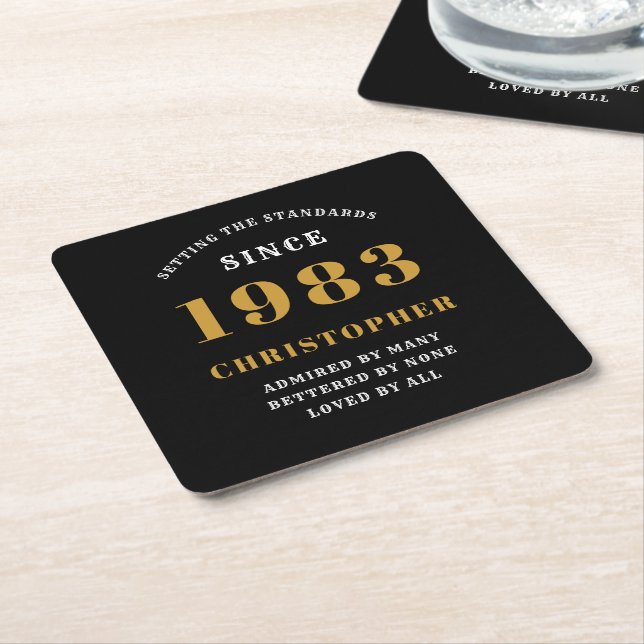 40th Birthday Born 1983 Add Name Black Gold Square Paper Coaster (Angled)