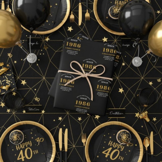 40th Birthday born 1983 Add Name Black Gold Wrapping Paper Sheet (Black and gold 1986 wrapping paper)