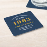 40th Birthday Born 1983 Add Name Blue Gold Square Paper Coaster<br><div class="desc">Personalized Birthday add your name and year coaster. Edit the name and year with the template provided. A wonderful custom birthday party accessory. More gifts and party supplies available with the "setting standards" design in the store.</div>