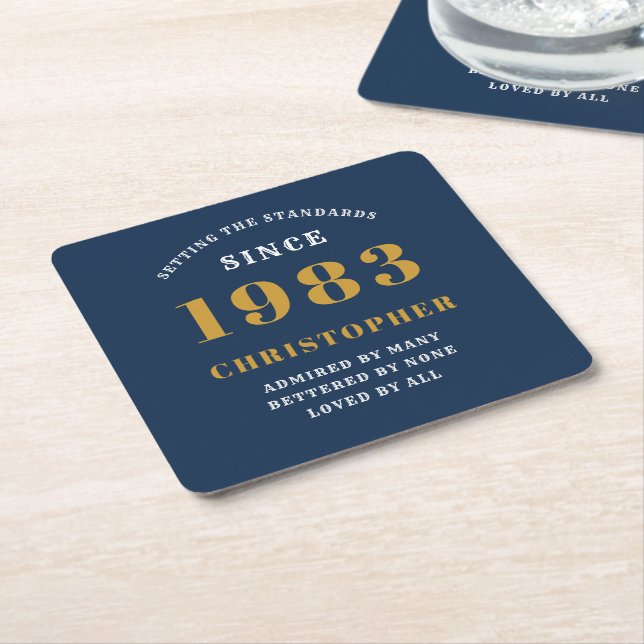 40th Birthday Born 1983 Add Name Blue Gold Square Paper Coaster (Angled)