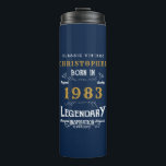 40th Birthday Born 1983 Legend Blue Gold Add Name Thermal Tumbler<br><div class="desc">Birthday "Original Quality Legendary Inspiration" thermal tumbler. Add the name and year as desired in the template fields creating a unique birthday celebration item. Team this up with the matching gifts,  party accessories,  and clothing available in our store www.zazzle.com/store/thecelebrationstore</div>