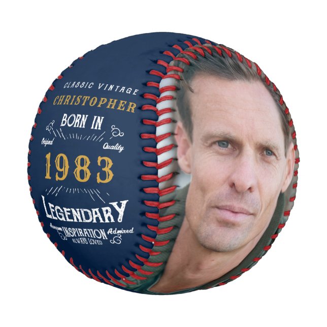 40th Birthday Born 1983 Monogram Photo Legend Blue Baseball (Angled)