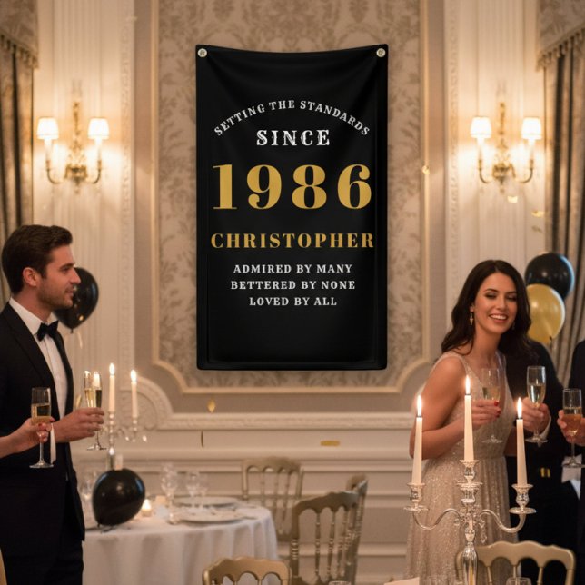 40th Birthday Born 1986 Add Name Black Gold Banner (40th birthday banner in a ballroom.)