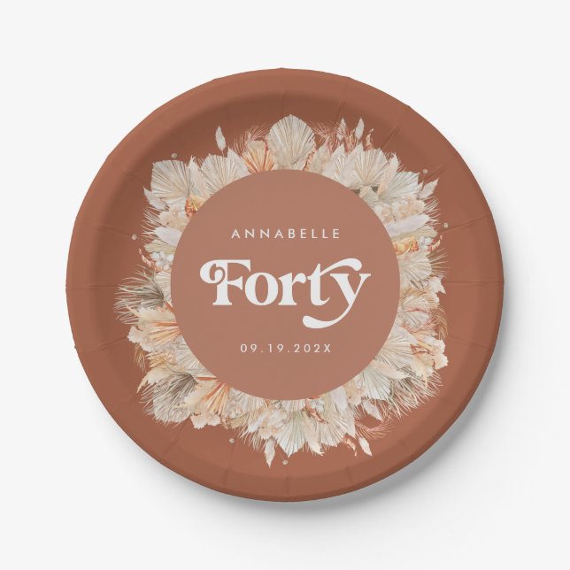 40th Birthday botanical pampas grass terracotta  Paper Plate (Front)