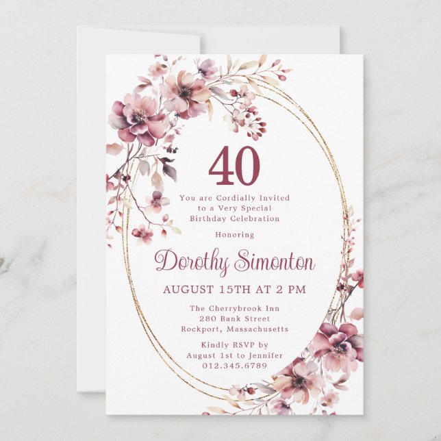 40th Birthday Burgundy Blush Pink Wildflower Invitation (Front)