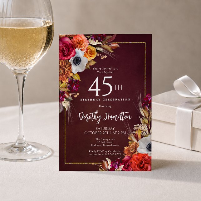 40th Birthday Burgundy Fall Flowers Elegant Script Invitation (Creator Uploaded)