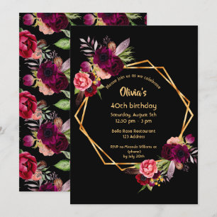 40th birthday burgundy floral gold geometric black invitation