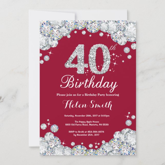 40th Birthday Burgundy Red and Silver Diamond Invitation (Front)