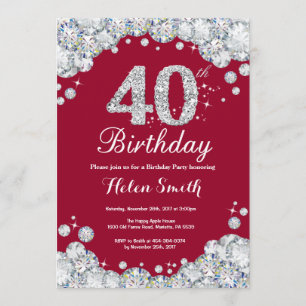 40th Birthday Burgundy Red and Silver Diamond Invitation