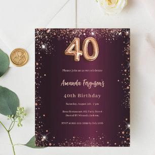 40th birthday burgundy rose gold invitation